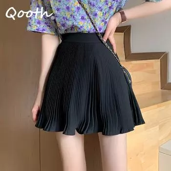 Винтажная милая короткая плиссированная юбка Qooth для девочек, мини-юбка феи с эластичной резинкой на талии в консервативном стиле на весну и лето QT2161 One Size фиолетовый