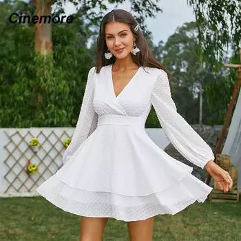 Винтажная милая одежда Cinemore, повседневные платья для женщин, многослойное платье с епископским рукавом и швейцарским краем в горошек, 2022, женский сарафан MM2529-HT