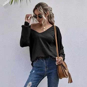 Винтажная мода элегантный повседневный однотонный свитер с V-образным вырезом женский осенний большой размер с длинными рукавами трикотажная нижняя рубашка S чёрный