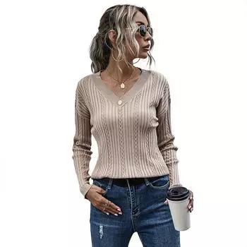 Винтажная мода элегантный повседневный осень внутри сплошной цвет витой V-образный вырез вязаный свитер Mori женщины женщины S абрикосовый