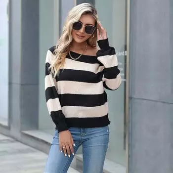Винтажная мода элегантный повседневный осенне-зимний ленивый ветер женский полосатый свитер с длинными рукавами S хаки