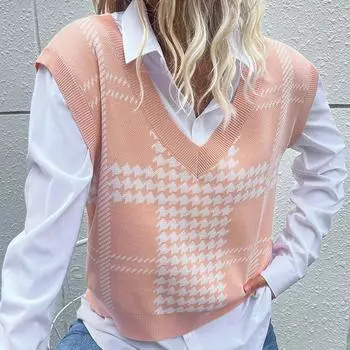 Винтажная мода элегантный повседневный осенне-зимний женский вязаный свитер в клетку Kilobird жилет S розовый