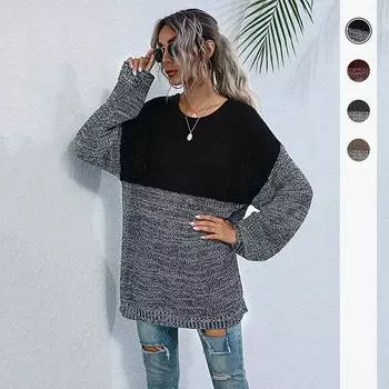 Винтажная мода элегантный повседневный осенний цветной свитер с круглым вырезом наизнанку с длинными рукавами вязаный свитер для женщин средней длины модели S темно-серого