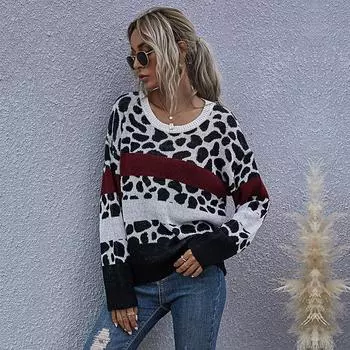 Винтажная мода элегантный повседневный осенний европейский станд свободный леопардовый принт вязаный пуловер круглый вырез свитер для женщин S