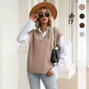 Винтажная мода элегантный повседневный осенний Ins ветровые тенденции женский однотонный вязаный свитер с V-образным вырезом жилет женский S хаки