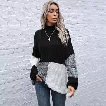 Винтажная мода элегантный повседневный осенний свитер с длинными рукавами и низом смешанного цвета свободный свитер с высоким воротом женский S чёрный