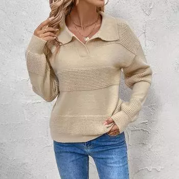 Винтажная мода элегантный повседневный осенний трикотаж с длинными рукавами и лацканами однотонный женский свитер S хаки