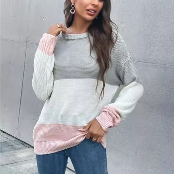 Винтажная мода элегантный повседневный осенний женский цветной блокирующий круглый вырез с длинными рукавами вязаный свитер для женщин S