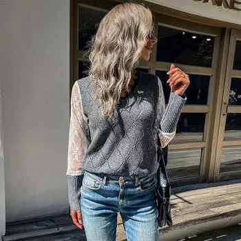 Винтажная мода элегантный повседневный осенний женский кружевной сращивающийся V-образный вырез пуловер свитер S темно-серого