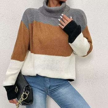 Винтажная мода элегантный повседневный осенний женский пуловер свободный цветной свитер с высоким воротом S