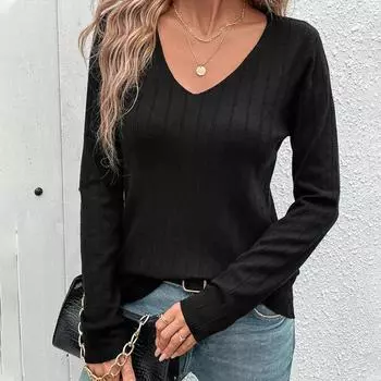 Винтажная мода элегантный повседневный осенний женский свитер с ямками и V-образным вырезом черный женский S чёрный