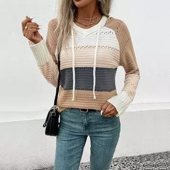 Винтажная мода элегантный повседневный осенний женский свитер с длинными рукавами и капюшоном в стиле колорблок S темно-серого