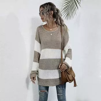 Винтажная мода элегантный повседневный полосатый вязаный свитер с цветными блоками подчеркивающий свитер женский средней длины S хаки