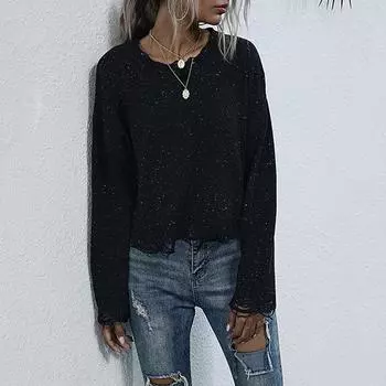 Винтажная мода элегантный повседневный женский осенне-зимний черный свитер с длинными рукавами и рваными дырками, короткая секция S чёрный