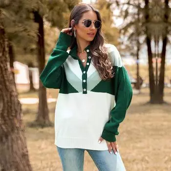 Винтажная мода элегантный повседневный женский осенне-зимний свитер с цветными блоками для женщин S зелёный