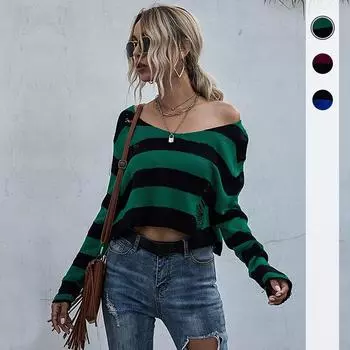 Винтажная мода элегантный повседневный женский осенний полосатый V-образный вырез свободный короткий трикотажный свитер женский с длинными рукавами сексуальный S синий