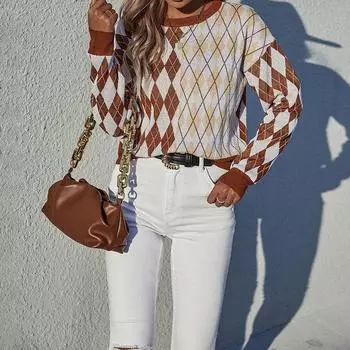 Винтажная мода элегантный повседневный женский осенний свитер с длинными рукавами и ромбами свободный круглый вырез S