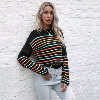 Винтажная мода элегантный повседневный женский осенний вязаный пуловер в полоску с длинными рукавами и круглым вырезом свитер для женщин S чёрный