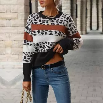 Винтажная мода элегантный повседневный женский жаккардовый леопардовый принт длинный рукав свитер женский осень S