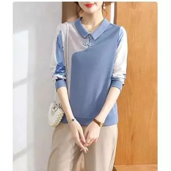 Винтажная мода этнический стиль осенние рубашки женская одежда лацкан лягушка пэчворк контрастный цвет темперамент свободные длинные рукава топы XL синий