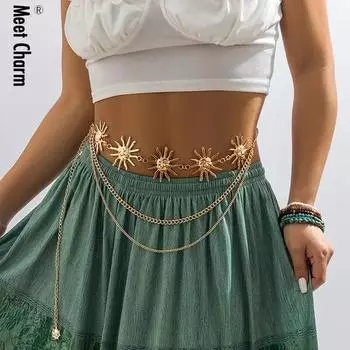 Винтажная мода, металлическая цепочка на талию с цветами солнца и улыбкой, женское сексуальное бикини, пляжное бикини, кулон с кисточками, цепочка на живот, летние украшения