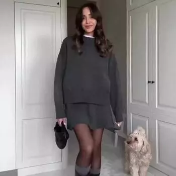 Винтажная мода универсальный свитер с круглым вырезом короткая мини-юбка комплект из двух предметов женский сладкий повседневный длинный рукав однотонный трикотажный наряд S темно-красного