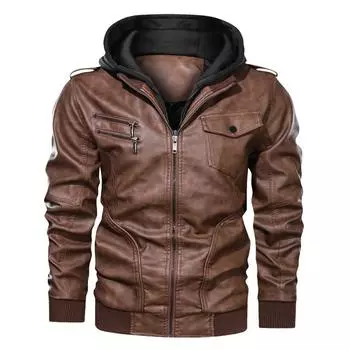 Винтажная модная мужская съемная мотоциклетная куртка с капюшоном в стиле милитари, куртка на молнии из искусственной кожи, пальто XXXL чёрный