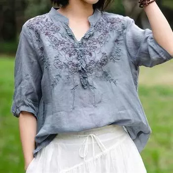 Винтажная модная однотонная рубашка с вышивкой, летняя женская одежда, свободная универсальная блузка с v-образным вырезом и половиной рукавов, женская 4XL белый