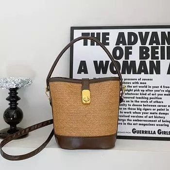 Винтажная модная плетеная сумка-замок для женщин, универсальная сумка через плечо, сумка-ведро для женщин коричневый