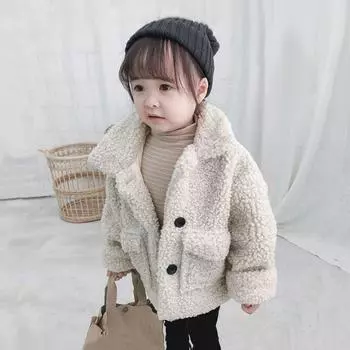 Винтажная модная утолщенная куртка из овечьей шерсти для девочек, теплое толстое пальто для детей, зимняя верхняя одежда 140cm бежевый