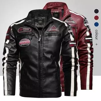 Винтажная мотоциклетная куртка, мужская модная новая байкерская кожаная куртка, мужское пальто-бомбер с вышивкой, зимнее флисовое пальто из искусственной кожи
