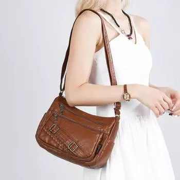 Винтажная мягкая кожаная многосекционная женская сумка с несколькими карманами через плечо, сумка через плечо для матери коричневый