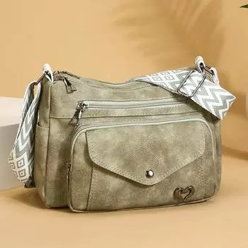 Винтажная мягкая кожаная сумка женская большая вместительная многосекционная сумка для мам через плечо зелёный