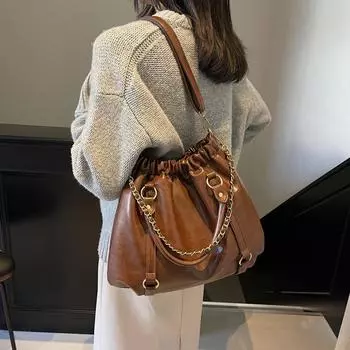 Винтажная мягкая кожаная женская сумка плиссированная сумка через плечо чёрный