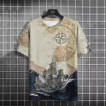 Винтажная мужская футболка, летняя американская рубашка, топы с принтом компаса, футболки с короткими рукавами, свободная повседневная мужская одежда, повседневная уличная одежда S