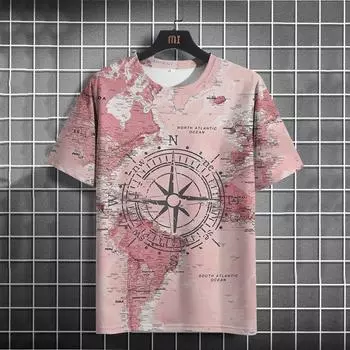 Винтажная мужская футболка, летняя американская рубашка, топы с принтом компаса, футболки с короткими рукавами, свободная повседневная мужская одежда, повседневная уличная одежда S