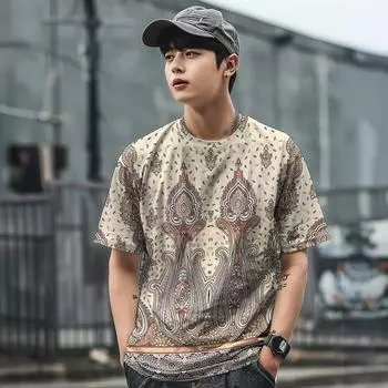 Винтажная мужская футболка с этническим принтом, повседневная летняя уличная одежда с короткими рукавами и круглым вырезом, мужская свободная толстовка, дышащая мужская одежда 2XL