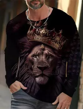 Винтажная мужская футболка с длинным рукавом, мужская повседневная верхняя часть, модная спортивная одежда, Crown Aristocratic Lion Animal 3D Full Print Clothing M