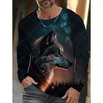 Винтажная мужская футболка с длинным рукавом, рубашки с 3d принтом, модная одежда с изображением животных и волка, топы с рукавами, мужские уличные топы большого размера S