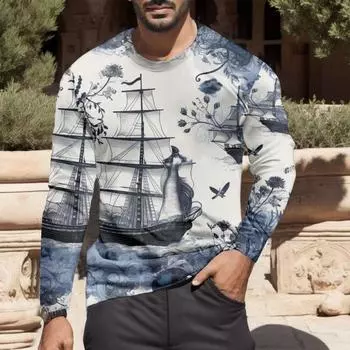Винтажная мужская футболка с длинным рукавом с принтом 3D-навигации и парусного корабля, графическая футболка, одежда, топы с рукавами, мужская уличная одежда S