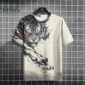 Винтажная мужская футболка с принтом свирепого тигра, футболка с коротким рукавом, модный топ с круглым вырезом, свободная мужская летняя уличная повседневная одежда S