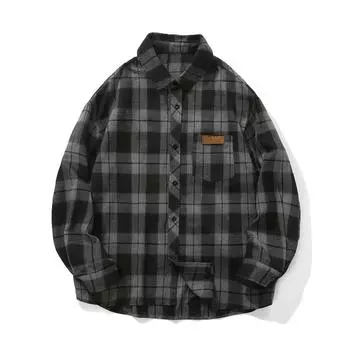 Винтажная мужская клетчатая рубашка свободного покроя, верхняя одежда, повседневная рубашка с длинным рукавом в клетку, один карман, пуговицы, блузка для мужчин XXXL чёрный