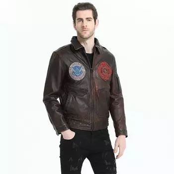 Китайский размер винтажная состаренная мужская кожаная куртка с принтом из толстой 100% натуральной телячьей кожи Force Flight Jackets Aviator Leather Coat Autumn XXL тёмно-рыжий