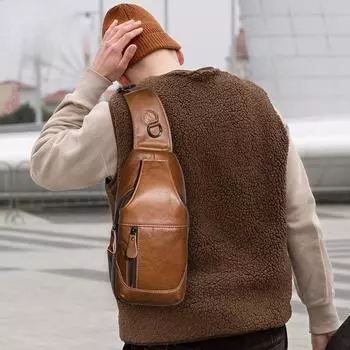 Винтажная мужская кожаная сумка через плечо на одно плечо, нагрудная сумка с верхним слоем из коровьей кожи, маленькая сумка-рюкзак светло-коричневого