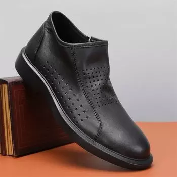 Винтажная мужская повседневная обувь из натуральной кожи, летние перфорированные лоферы с круглым носком и толстой подошвой, балетки в британском стиле с боковой молнией 6