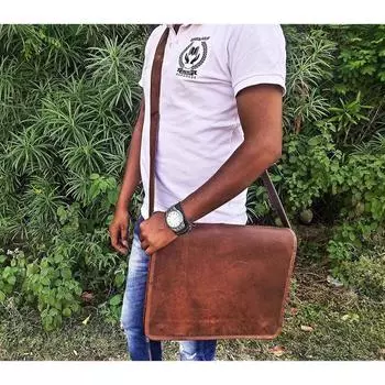 Винтажная мужская сумка через плечо из натуральной козьей кожи, школьная сумка 11 x 9 x 3 in коричневый