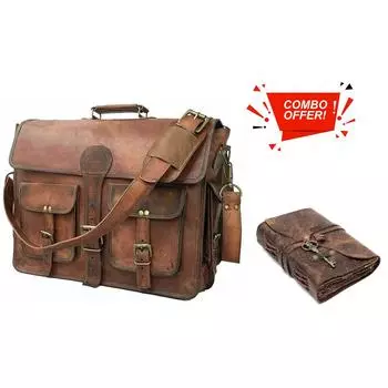 Винтажная мужская сумка через плечо из натуральной кожи, сумка-мессенджер, портфель для ноутбука. С комбинированным кожаным дневником 15 x 11 x 4 in коричневый