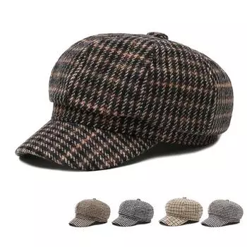 Винтажная мужская восьмиугольная кепка женская осенне-зимняя теплая клетчатая кепка-берет с рисунком бежевый