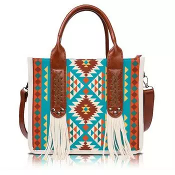 Винтажная напечатанная холщовая сумка-тоут с бахромой в стиле вестерн Bohemian TK