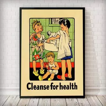 Винтажная настенная живопись для ванной комнаты 1934 года, печатный холст, милый мальчик, чистящий зубы, плакат, картина для чистки здоровья, старая картина 21cm30cm NoFrame